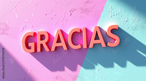  GRACIAS  message in 3D lettering style in pink and blue colors. Communication template concept. Generative AI