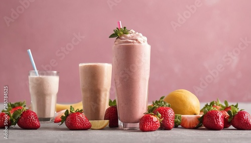 Summer refreshing drink, fruit strawberry frappe, smoothie, juice, ice and sparkling water. Ice latte coffee