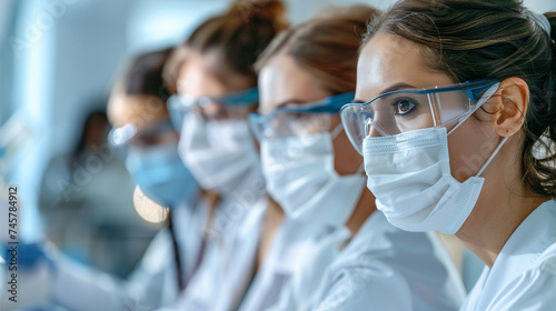 Engaged in their investigations, virologists wearing masks meticulously examine specimens in the laboratory, their meticulous attention to detail essential in the quest to understa photo