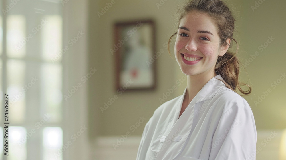 Standing tall in her professional bathrobe, a young female nurse wears a radiant smile, her compassionate gaze reflecting her dedication to healing and serving others with grace.