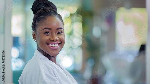 With a cheerful smile, a young female nurse exudes positivity and reassurance in her bathrobe, her presence bringing a sense of comfort and trust to those under her care. photo