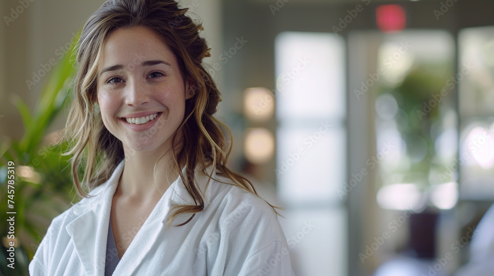 With a bright and cheerful smile, a young female nurse stands poised in her bathrobe, her infectious positivity bringing comfort and upliftment to those around her in the healthcar