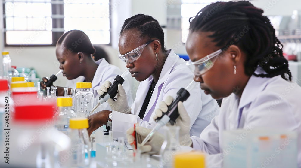Amidst the hum of scientific inquiry, laboratory assistants meticulously work at a table laden with test tubes and containers, their focus unwavering as they contribute to the adva Amidst the hum of scientific inquiry, laboratory assistants meticulously work at a table laden with test tubes and containers, their focus unwavering as they contribute to the adva