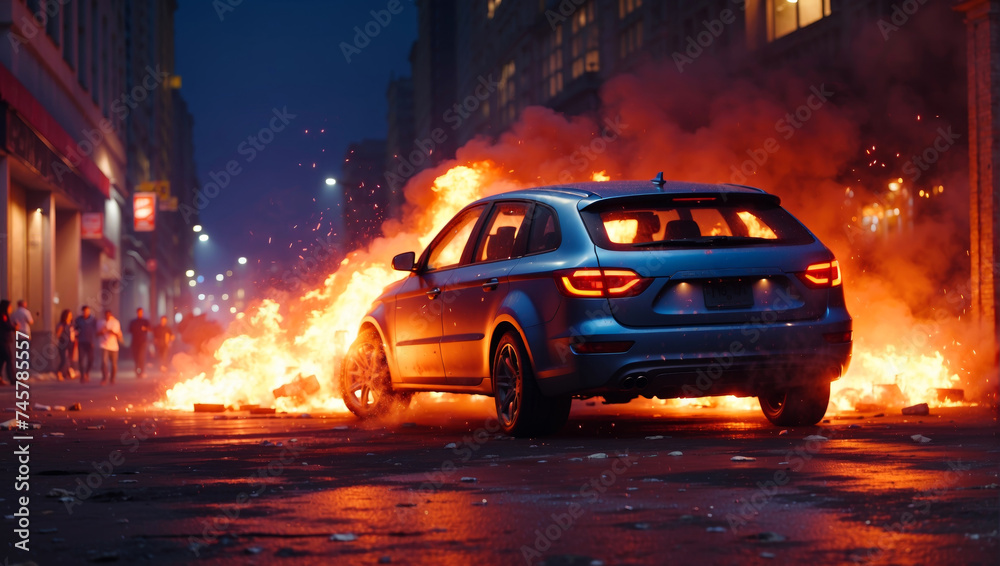 A burning car during riots in the city - obrazy, fototapety, plakaty 