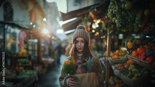 a girl buys food at the green market