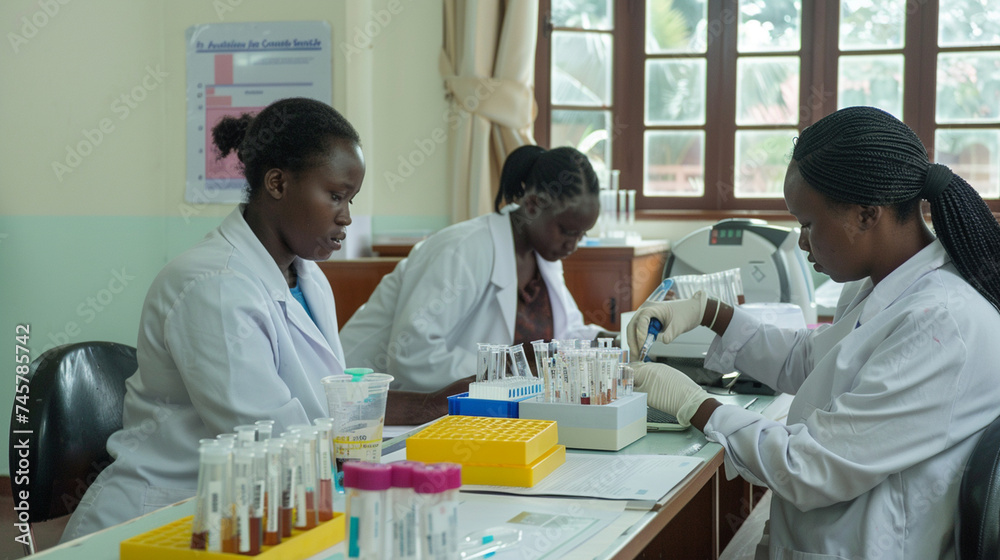 Amidst the sterile environment of the laboratory, laboratory assistants diligently conduct experiments at a table adorned with test tubes and containers, their contributions essent
