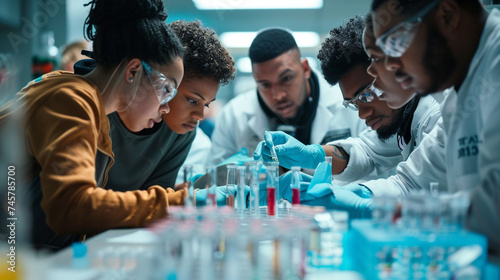 Immersed in their research, laboratory assistants huddle around a table laden with test tubes and containers, their shared dedication to excellence driving progress and innovation