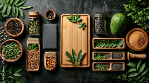 eco-friendly disposable tableware made of paper and wood with spices on a black background. the concept of recycling