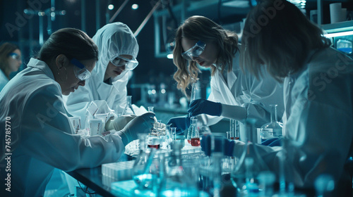 In the controlled chaos of the laboratory, laboratory assistants gather around a table adorned with an array of test tubes and containers, their collaboration and ingenuity driving