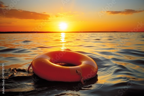 Bright orange lifebuoy floating on sunlit waves. Copy space with stunning dawn sky. Close-up
