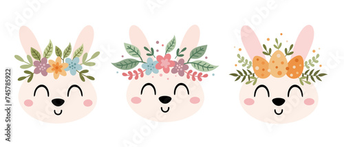 Cute bunny face clipart. Easter bunny clip art in cartoon flat style, perfect for scrapbooking, stickers, tags, greeting cards, invitations, decor. Hand drawn vector illustration.