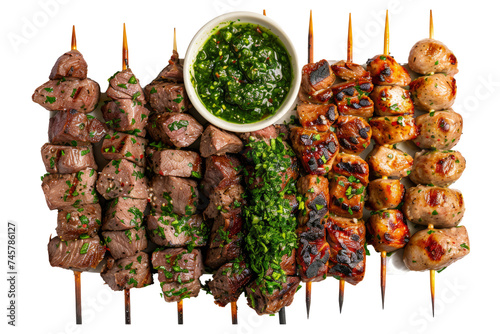 top view of Brazilian grilled meat skewers (churrasco) with marinated beef, chicken, and sausage, served with chimichurri sauce. photo