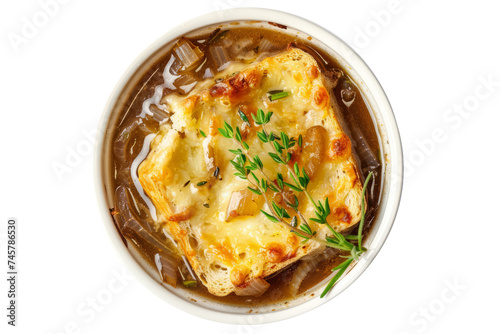 French onion soup with caramelized onions, beef broth, toasted bread, and melted cheese.