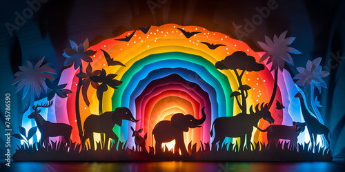 Beautiful landscape with animals birds rainbow with light Multidimensional paper art jungles background 3D illustration