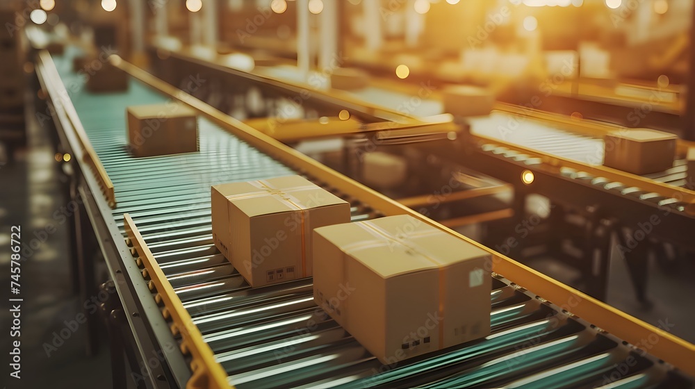 Efficient Manufacturing Process with Cardboard Boxes on Conveyor Belt Efficient Manufacturing Process with Cardboard Boxes on Conveyor Belt