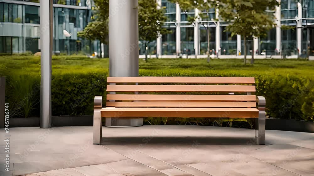 Wooden bench in front of a towering urban building, highlighting the contrast between nature and cityscape Wooden bench in front of a towering urban building, highlighting the contrast between nature and cityscape