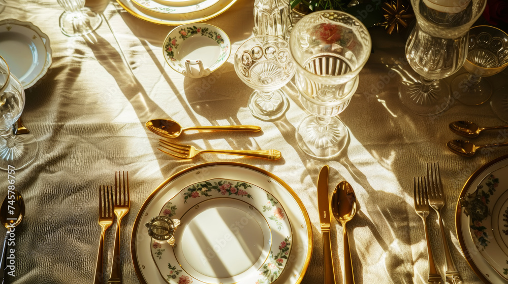 Aesthetically designed table with antique china and gold cutlery. Festive dinner concept. View from above. Generative AI