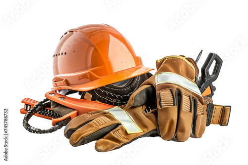 construction tools with safety gear such as helmets and gloves, emphasizing the importance of safety on the job.