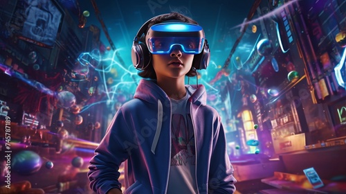 Future digital technology metaverse game and entertainment, Teenager having fun play VR virtual reality goggle, sport game 3D cyber space futuristic neon colorful background,