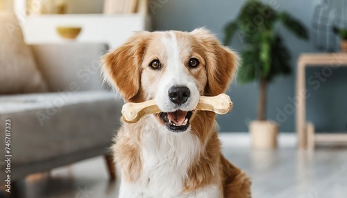 Generated image of cute dog holding bone in its teeth at home
