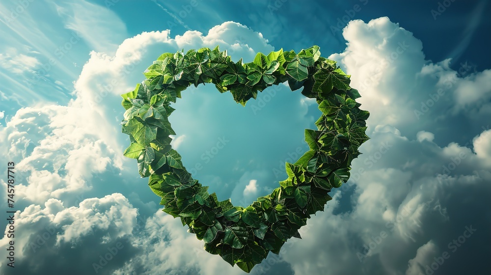 Heart made from leaf green foliage floating in cloudy blue sky - obrazy, fototapety, plakaty 
