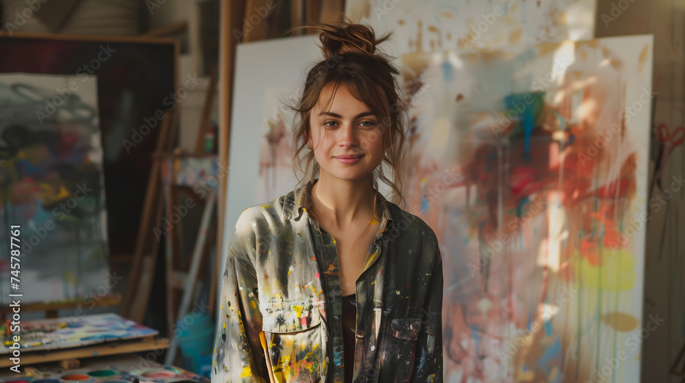 Obraz premium Artist's Pride: Confident Woman in Sunlit Studio