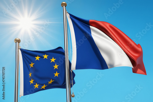 EU und Frankreich Flagge vor blauem Himmel im Wind als Hintergrund © Pixelot