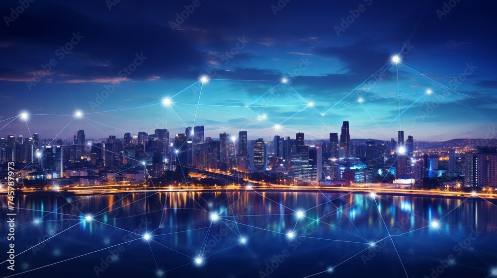 Modern city skyline and mesh network concept Modern city skyline and mesh network concept
