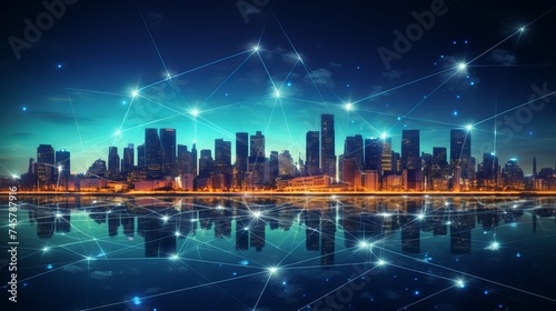 Modern city skyline and mesh network concept