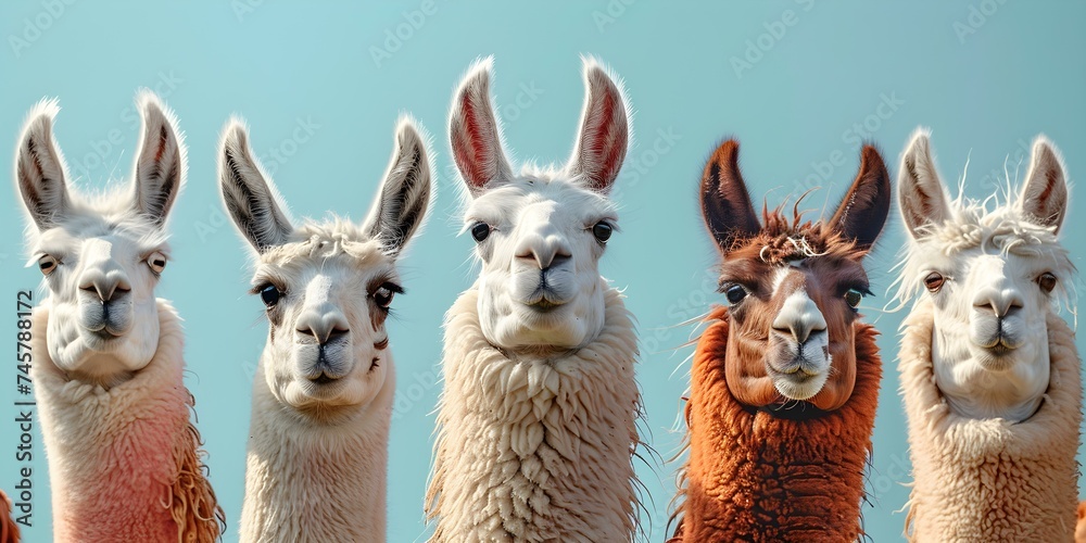 Fototapeta premium A whimsical group of llamas with playful faces ideal for marketing projects. Concept Animal Characters, Marketing Campaign, Whimsical Llamas, Playful Expressions, Fun Photoshoot