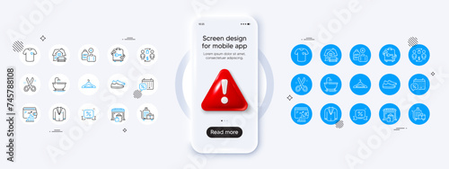 Buying process, T-shirt and Cloakroom line icons. For web app, printing. Phone mockup with 3d danger icon. Vector