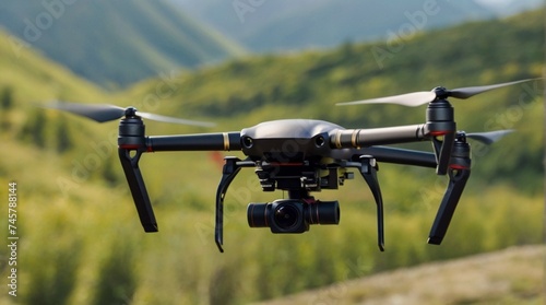 A drone in the sky above the fields (in the mountains, outside the city). An unmanned aerial vehicle flying in the air. photo