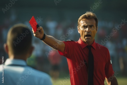 Referee showing red card to football player during match on stadium pitch closeup photo