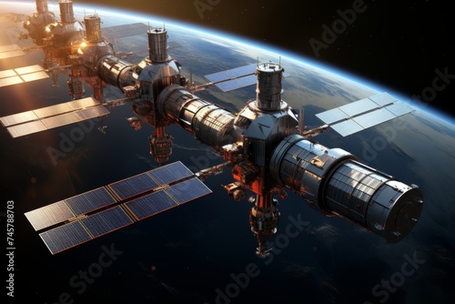 Space satellite with solar panels orbiting earth with sunlight shining from behind the planet
