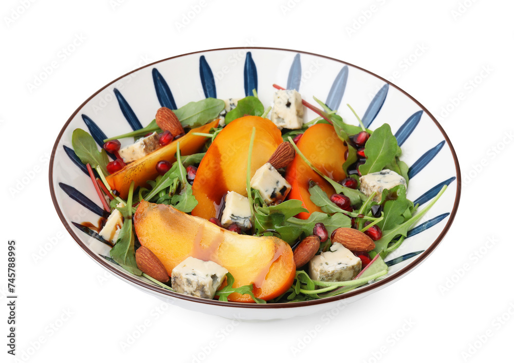 Tasty salad with persimmon, blue cheese, pomegranate and almonds isolated on white Tasty salad with persimmon, blue cheese, pomegranate and almonds isolated on white