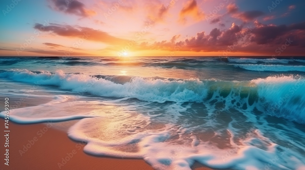 Tropical sunset background. Beautiful colorful ocean wave breaking closing near sand beach