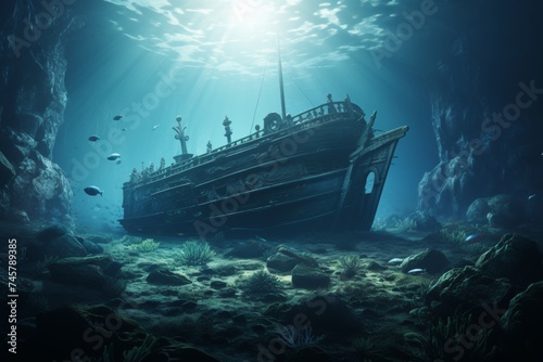 Sunken wooden ship under the sea, illuminated by sun rays, nautical exploration concept