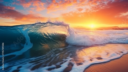 Tropical sunset background. Beautiful colorful ocean wave breaking closing near sand beach photo