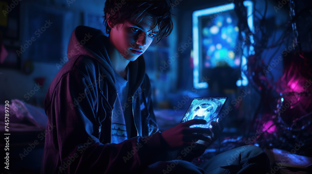 Futuristic image of a hacker illuminated by technology and monitors.