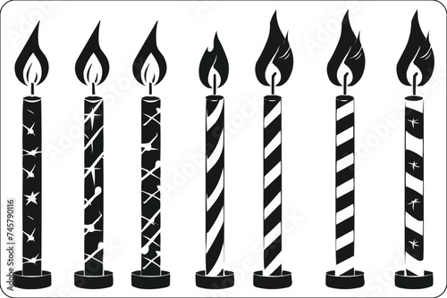 Set of candle silhouettes, Silhouettes of Birthday decorative candles, Set of black and white candles