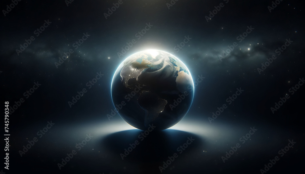 Fototapeta premium The Earth suspended in space, basked in sunlight against a backdrop of distant stars and cosmic dust.