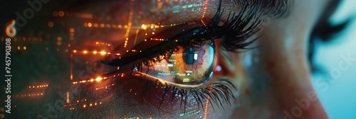 Close-up of a virtual hologram in an eye. Generative Ai.