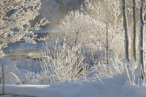 River landscape with frost and snow in a cold morning. Farnebofjarden national park in north of Sweden. photo