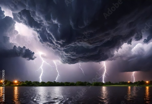 Thunderous dark sky with black clouds and flashing lightning. Panoramic view. Concept on the theme of weather, natural disasters, storms, typhoons, tornadoes,