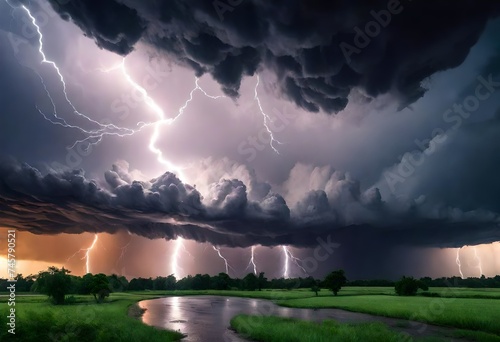 Thunderous dark sky with black clouds and flashing lightning. Panoramic view. Concept on the theme of weather, natural disasters, storms, typhoons, tornadoes,