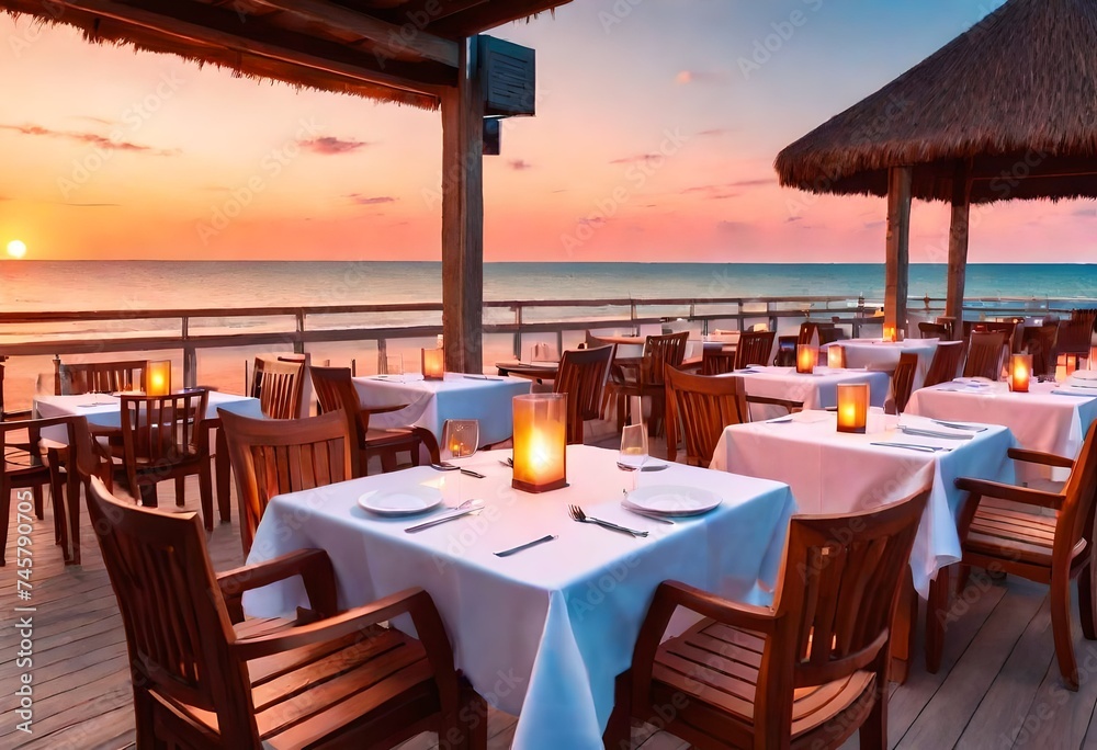 Outdoor restaurant at the beach. Tables at beach restaurant. Led light candles and wooden tables, chairs under beautiful sunset sky, sea view. Luxury hotel or resort -