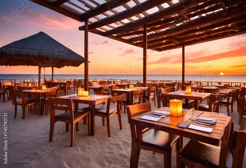 Outdoor restaurant at the beach. Tables at beach restaurant. Led light candles and wooden tables  chairs under beautiful sunset sky  sea view. Luxury hotel or resort -
