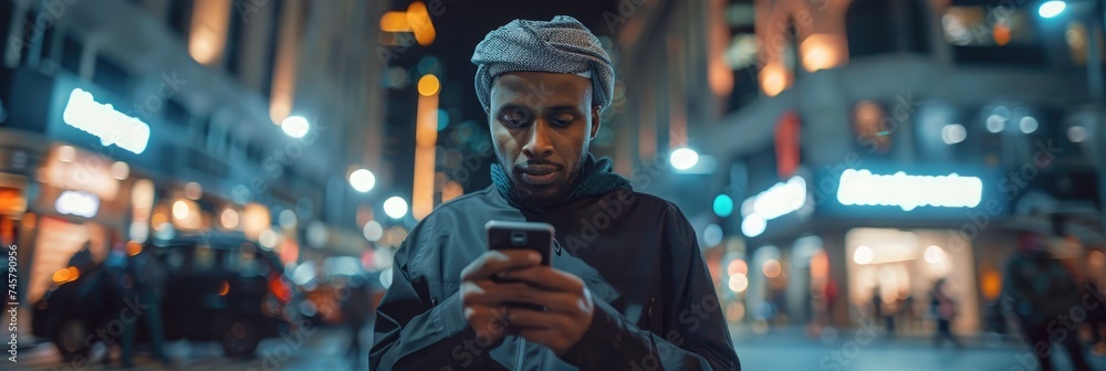 Man from Arabia using and messaging on his smartphone. Generative Ai.
