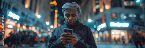 Man from Arabia using and messaging on his smartphone. Generative Ai. © Planum