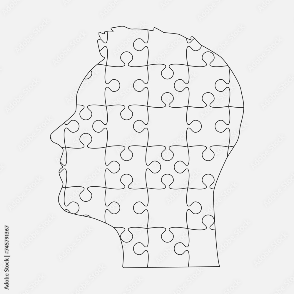Man head made puzzle pieces. Strategy, education